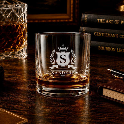 Personalized Family Name Whiskey Glass with Monogram Crest - Hollow Point Society - Whiskey Glass