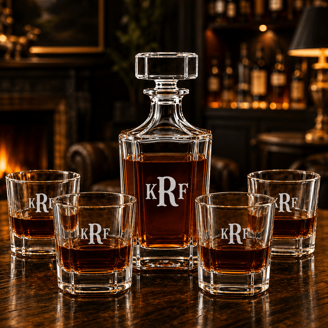 Personalized Initials Monogram Engraved Whiskey Decanter Set with 4 Rocks Glasses - Hollow Point Society - Decanter Set