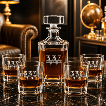 Personalized Monogram Engraved Whiskey Decanter Set with 4 Rocks Glasses - Hollow Point Society - Decanter Set