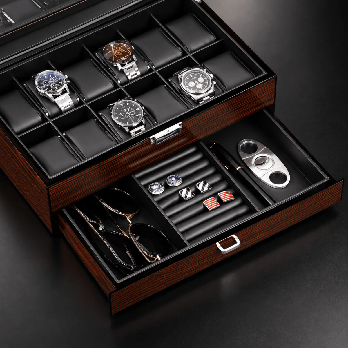 Personalized Wooden Watch Box Case with Glass Lid & Jewelry Drawer - Hollow Point Society - Watch Box