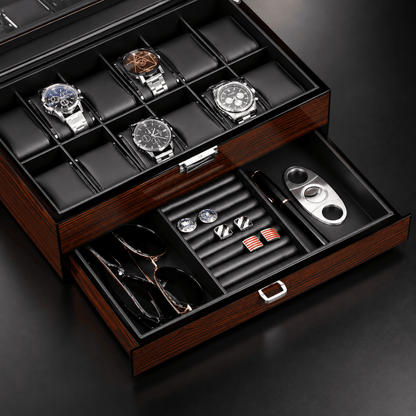 Personalized Wooden Watch Box Case with Glass Lid & Jewelry Drawer - Hollow Point Society - Watch Box
