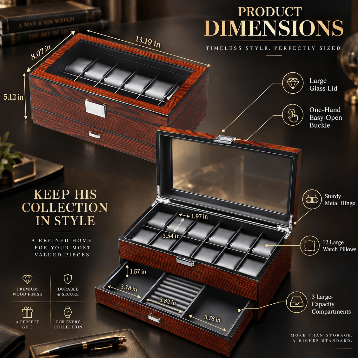 Personalized Wooden Watch Box Case with Glass Lid & Jewelry Drawer - Hollow Point Society - Watch Box