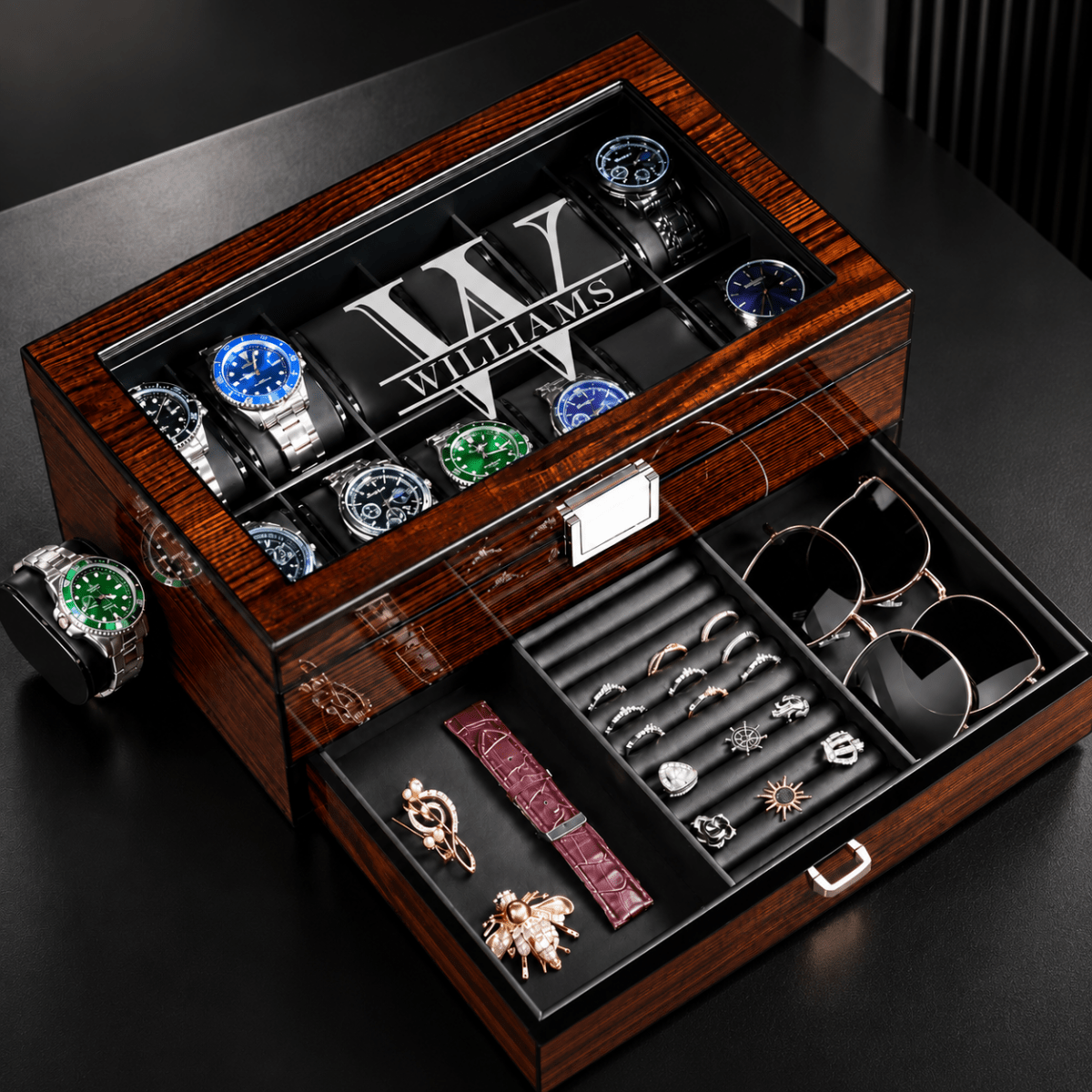 Personalized Wooden Watch Box Case with Glass Lid & Jewelry Drawer - Hollow Point Society - Watch Box