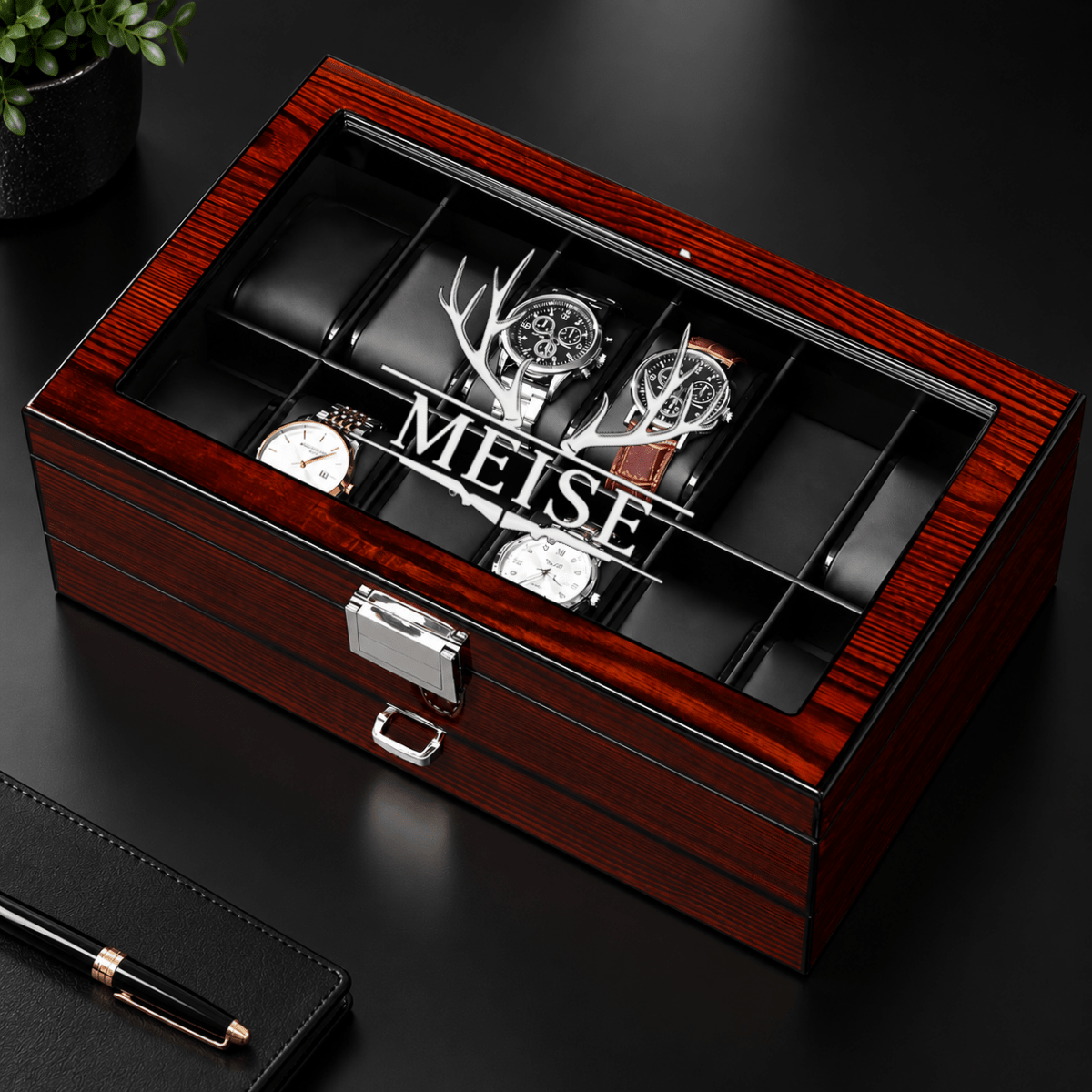 Personalized Wooden Watch Box Case with Glass Lid & Jewelry Drawer - Hollow Point Society - Watch Box