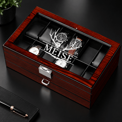 Personalized Wooden Watch Box Case with Glass Lid & Jewelry Drawer - Hollow Point Society - Watch Box