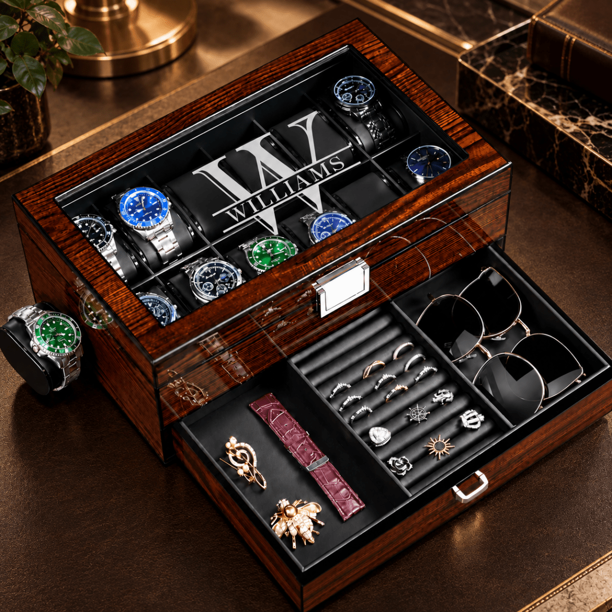 Personalized Wooden Watch Box Case with Glass Lid & Jewelry Drawer - Hollow Point Society - Watch Box