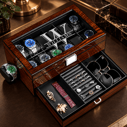 Personalized Wooden Watch Box Case with Glass Lid & Jewelry Drawer - Hollow Point Society - Watch Box