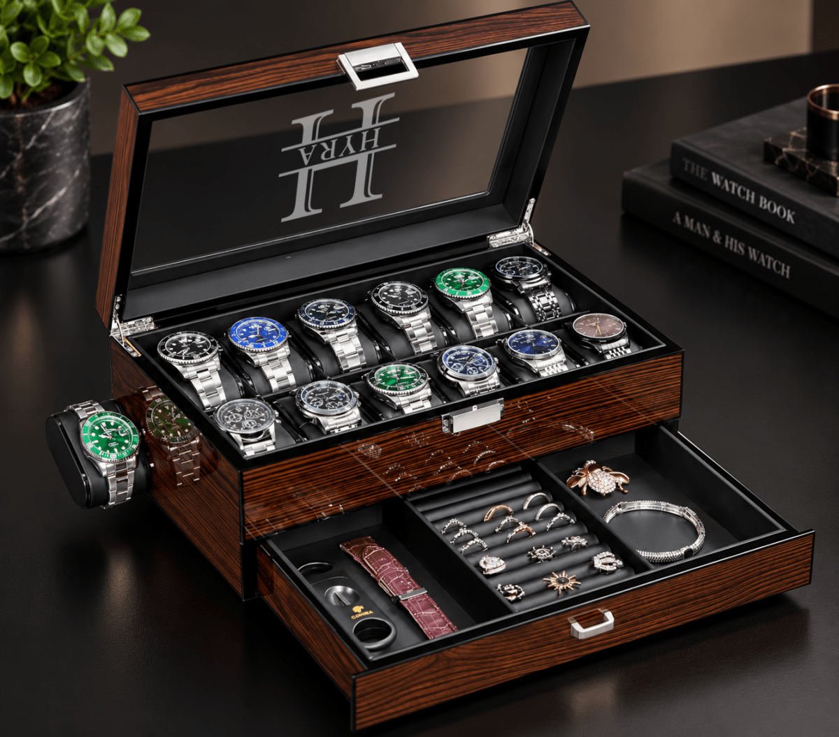 Personalized Wooden Watch Box Case with Glass Lid & Jewelry Drawer - Hollow Point Society - Watch Box