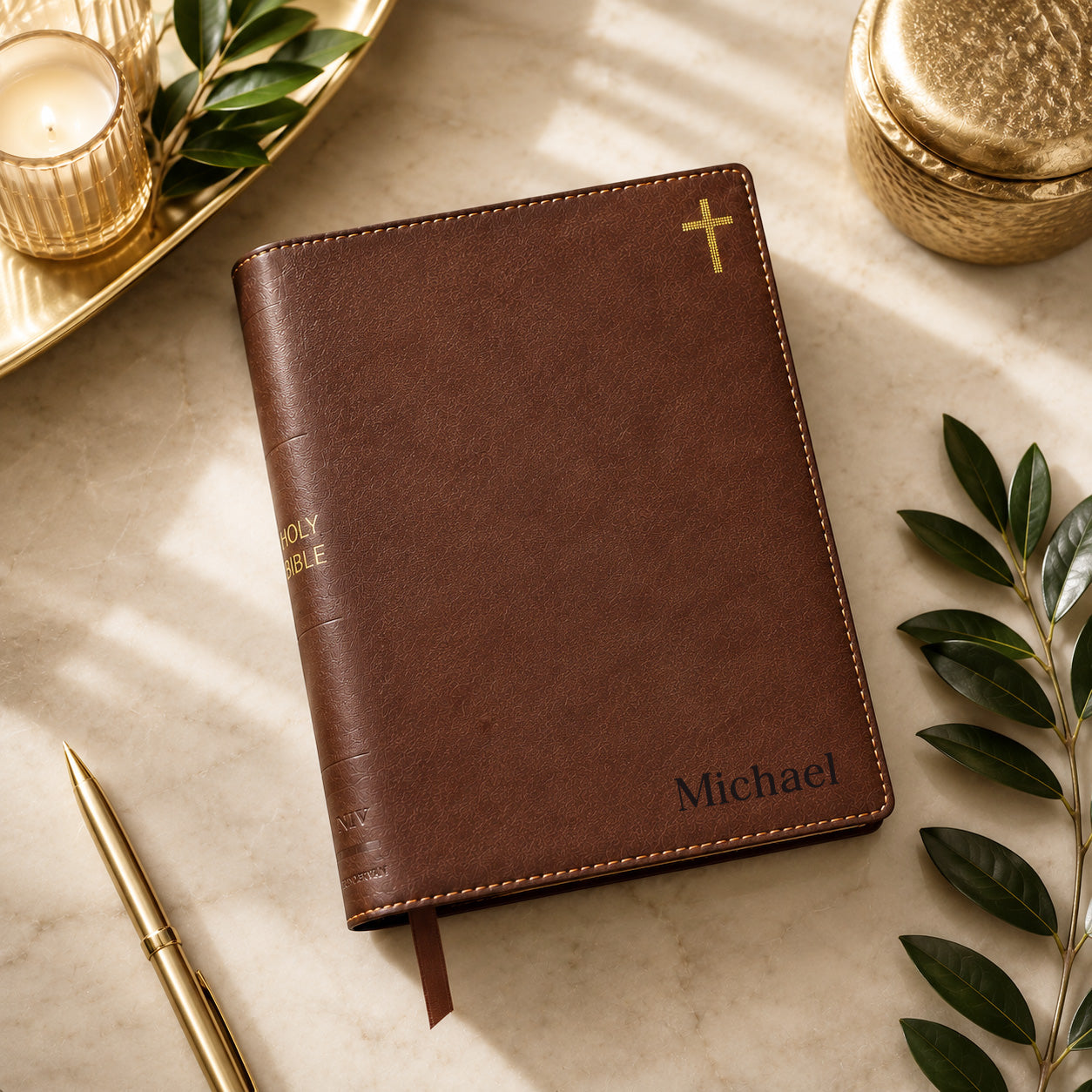 Personalized NIV Journal Bible – Engraved Brown Leathersoft Bible with Name or Monogram