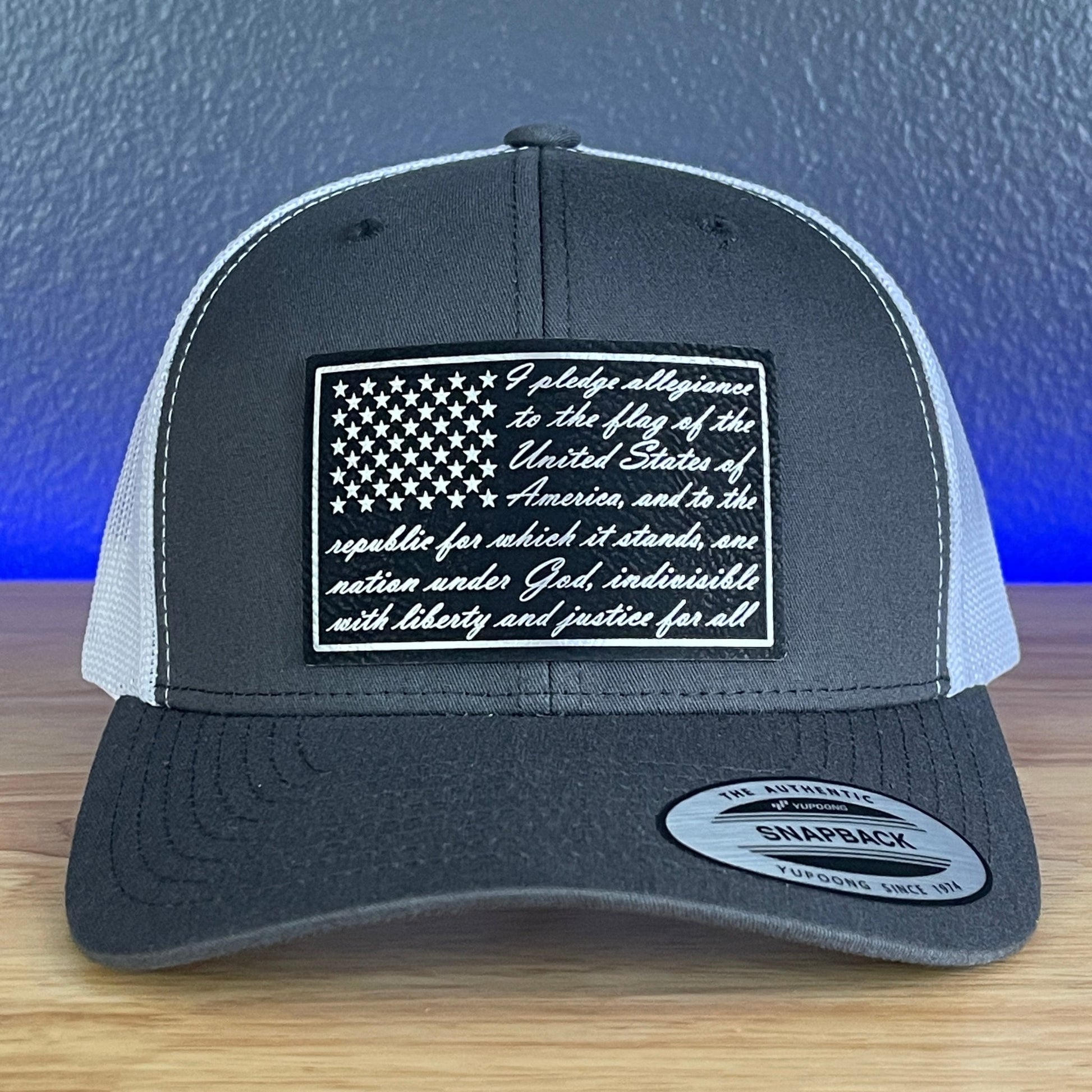 Pledge Of Allegiance American Flag Patriotic SnapBack Trucker Blk/Silv Leather Patch Hat Charcoal/White - Hollow Point Society - Patch Hat