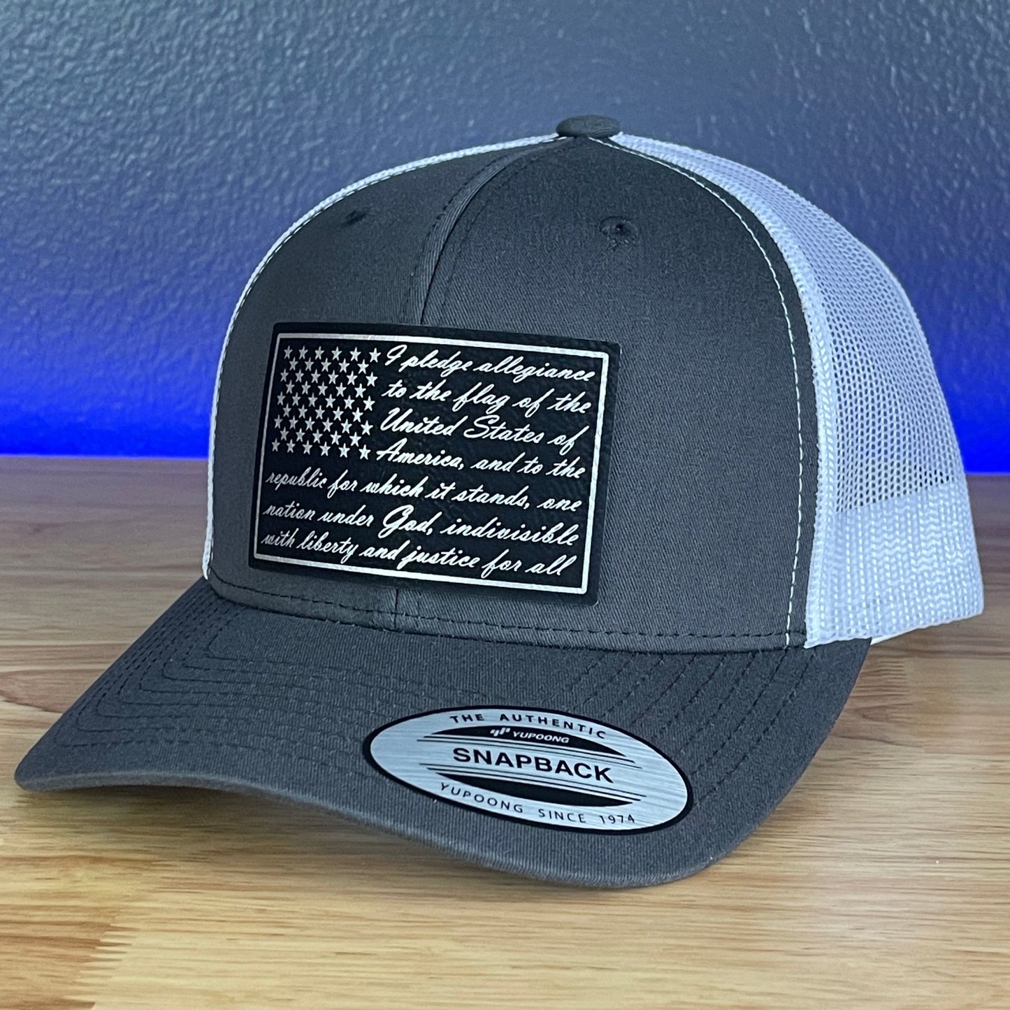 Pledge Of Allegiance American Flag Patriotic SnapBack Trucker Blk/Silv Leather Patch Hat Charcoal/White - Hollow Point Society - Patch Hat