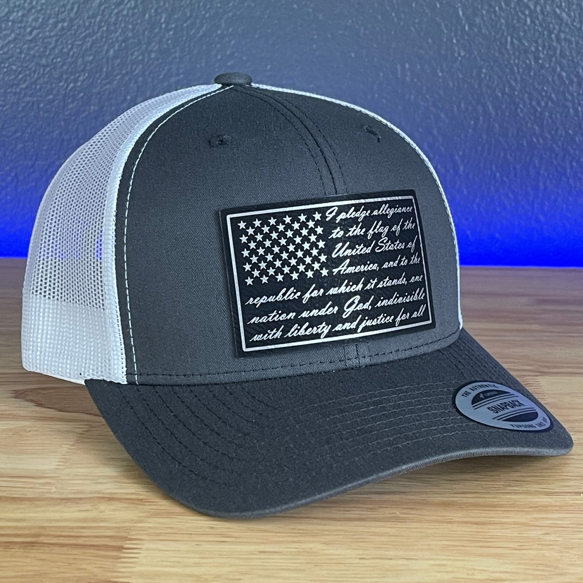 Pledge Of Allegiance American Flag Patriotic SnapBack Trucker Blk/Silv Leather Patch Hat Charcoal/White - Hollow Point Society - Patch Hat