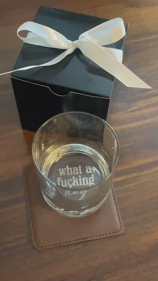 Custom Engraved Whiskey Glass – 'What a F*cking Day' Funny Whiskey Rocks Glass for Men, Groomsmen, or Boss Gift