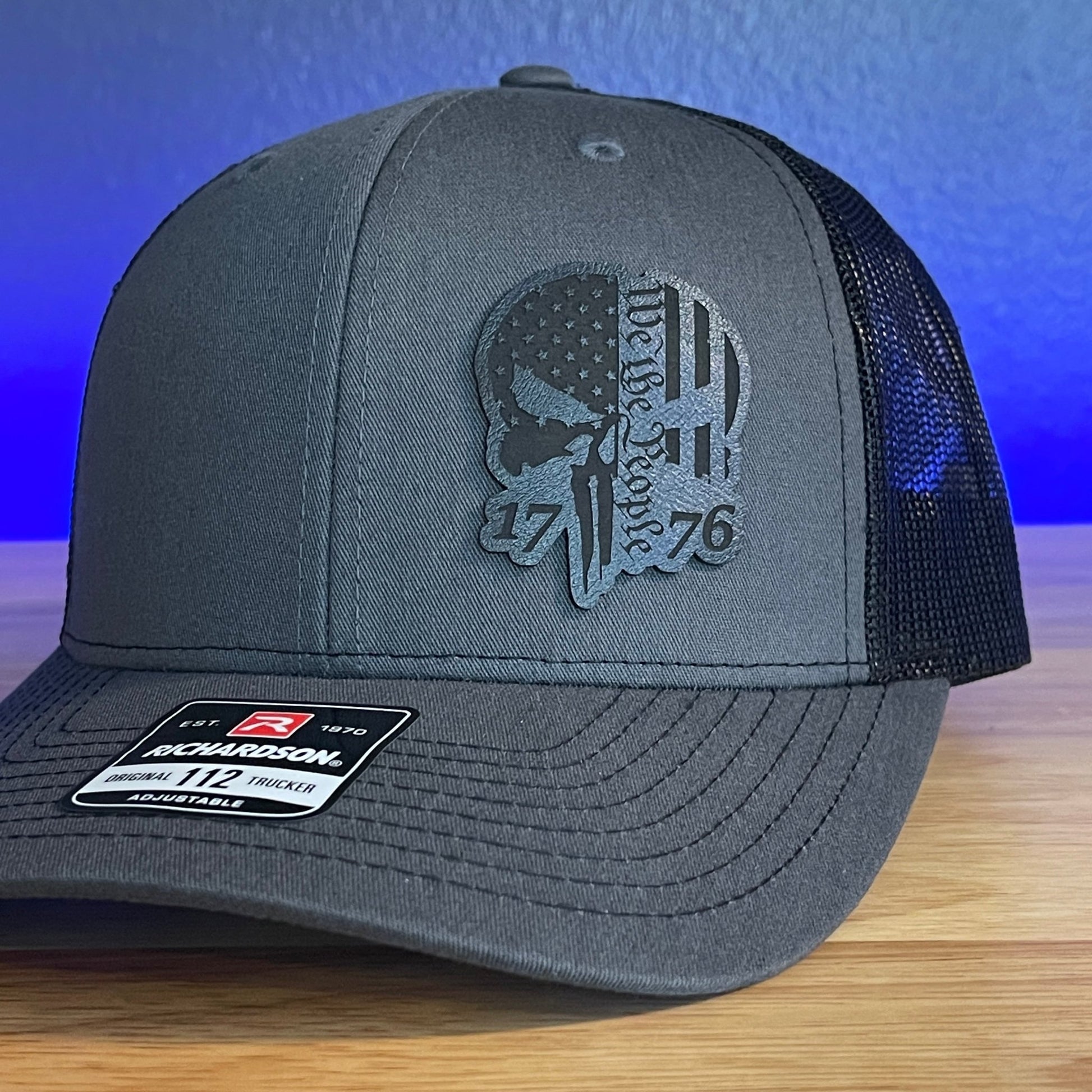 PUNISHER SKULL 1776 WE THE PEOPLE Black Side Leather Patch Hat Charcoal/Black - Hollow Point Society - Patch Hat