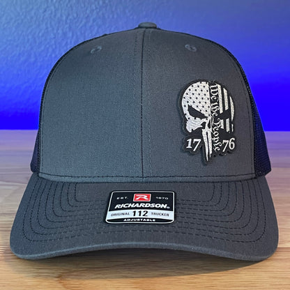 PUNISHER SKULL 1776 WE THE PEOPLE Silver Side Leather Patch Hat Charcoal/Black - Hollow Point Society - Patch Hat