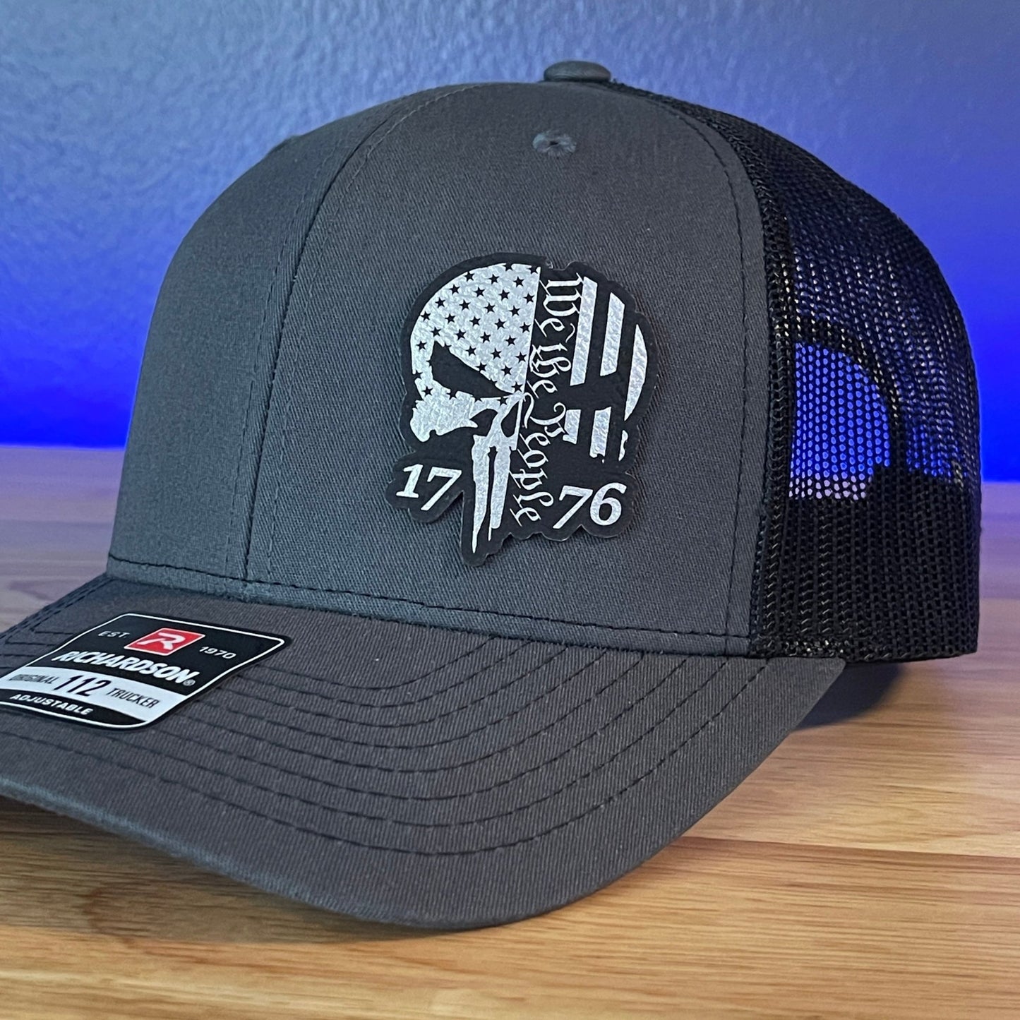 PUNISHER SKULL 1776 WE THE PEOPLE Silver Side Leather Patch Hat Charcoal/Black - Hollow Point Society - Patch Hat