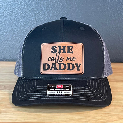 She Calls Me Daddy Funny Leather Patch Hat Black/Charcoal - Hollow Point Society - Patch Hat