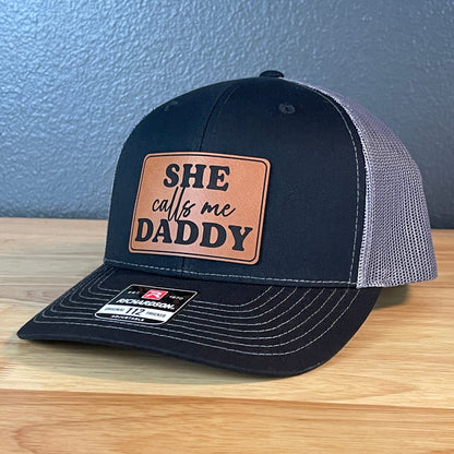 She Calls Me Daddy Funny Leather Patch Hat Black/Charcoal - Hollow Point Society - Patch Hat