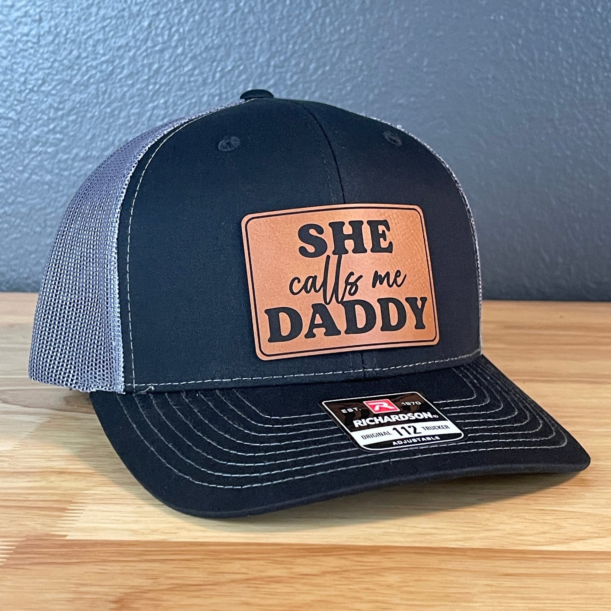 She Calls Me Daddy Funny Leather Patch Hat Black/Charcoal - Hollow Point Society - Patch Hat