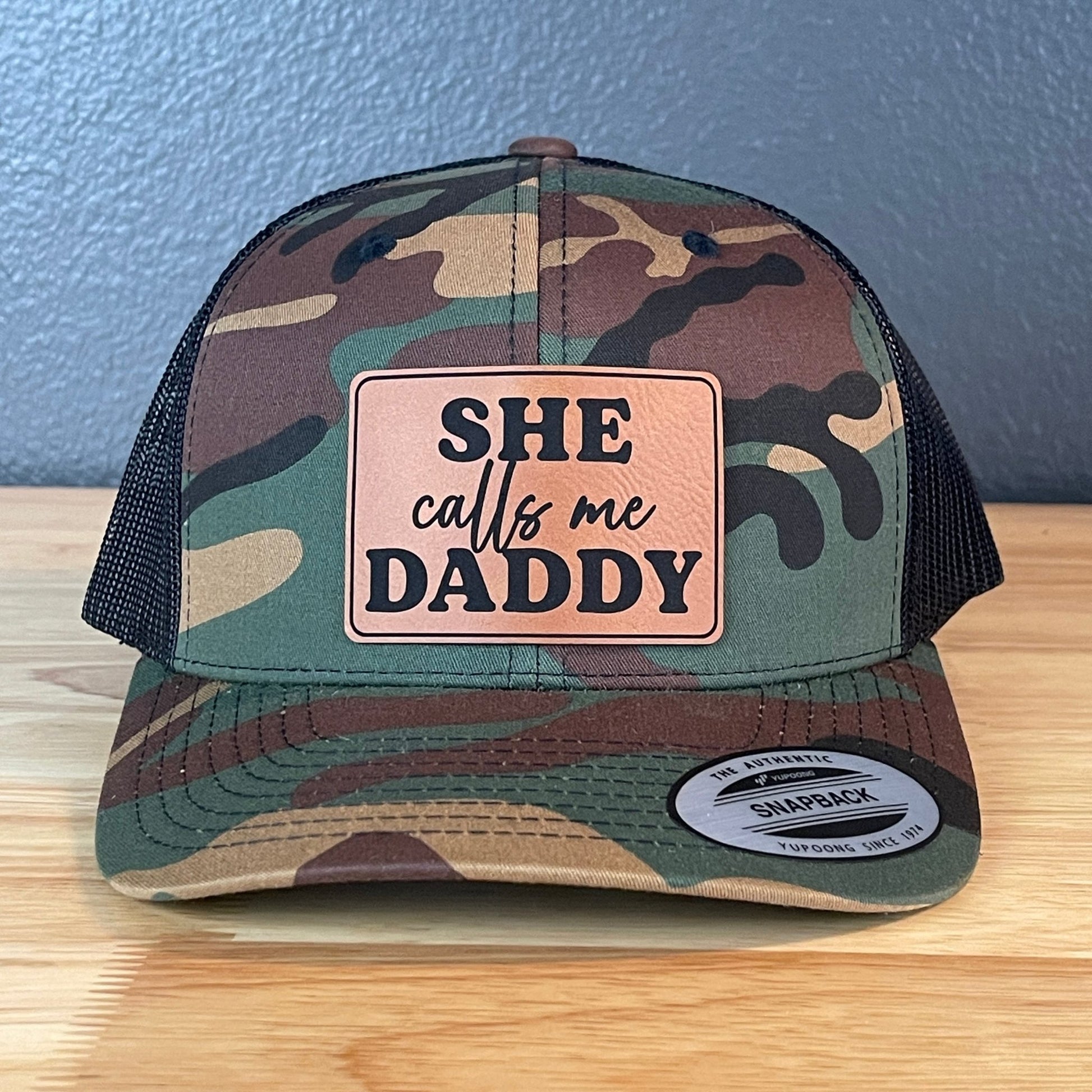 She Calls Me Daddy Funny Leather Patch Hat Camo/Black - Hollow Point Society - Patch Hat