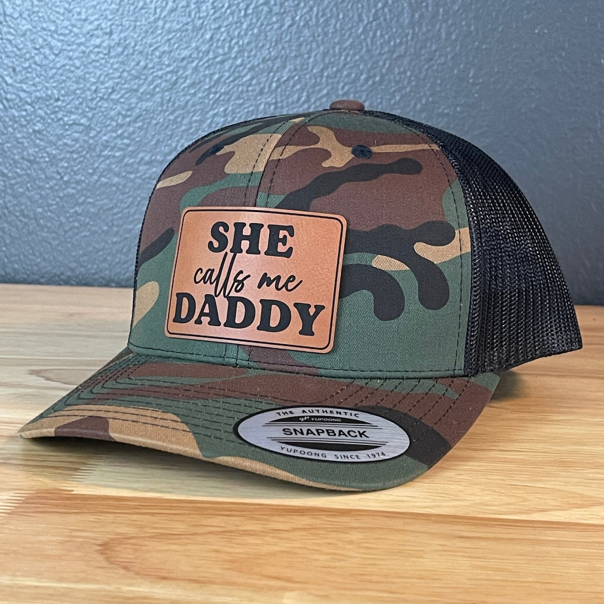 She Calls Me Daddy Funny Leather Patch Hat Camo/Black - Hollow Point Society - Patch Hat