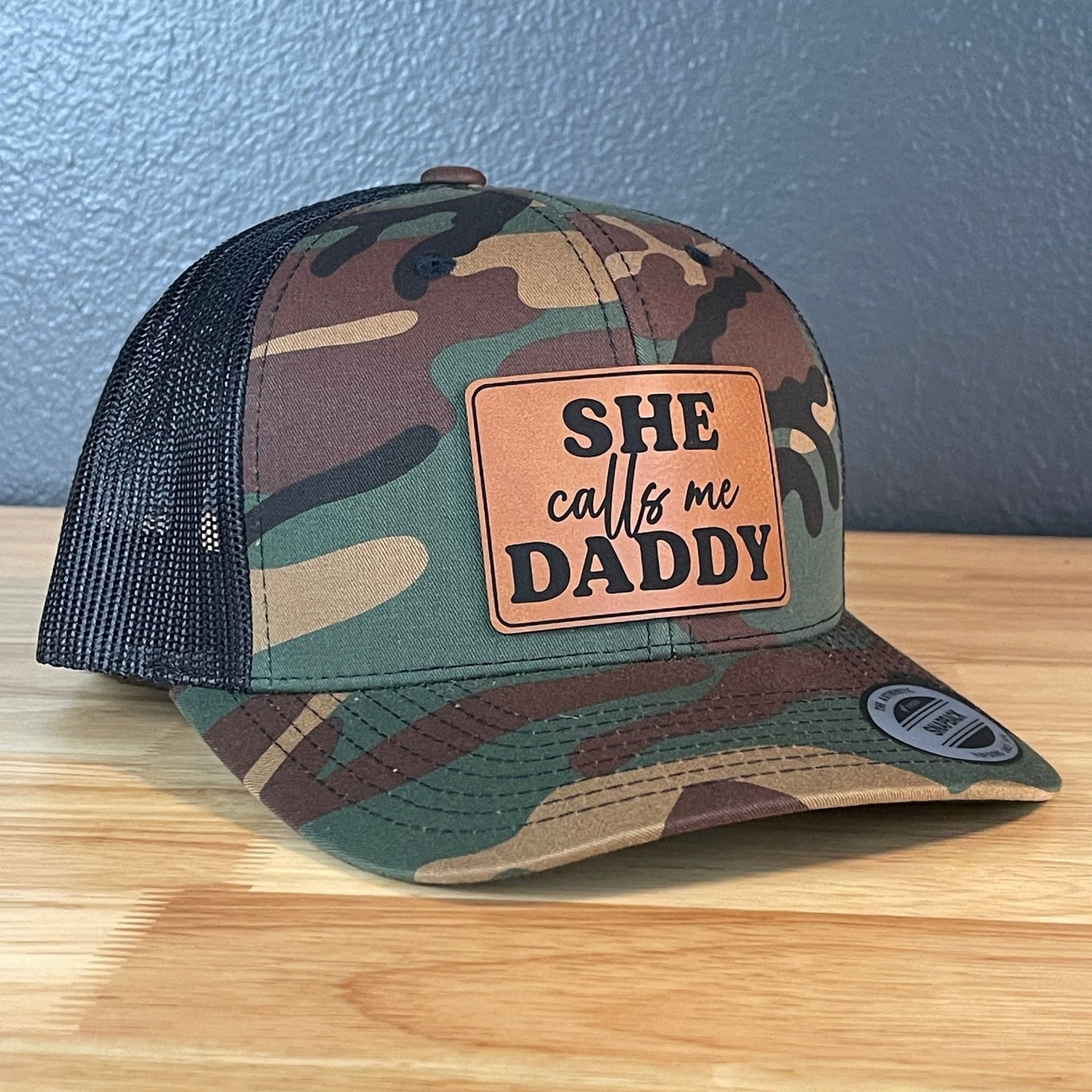 She Calls Me Daddy Funny Leather Patch Hat Camo/Black - Hollow Point Society - Patch Hat