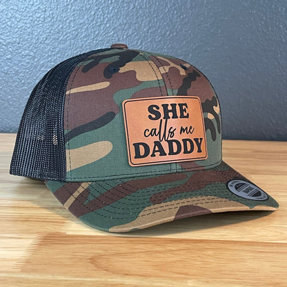 She Calls Me Daddy Funny Leather Patch Hat Camo/Black - Hollow Point Society - Patch Hat