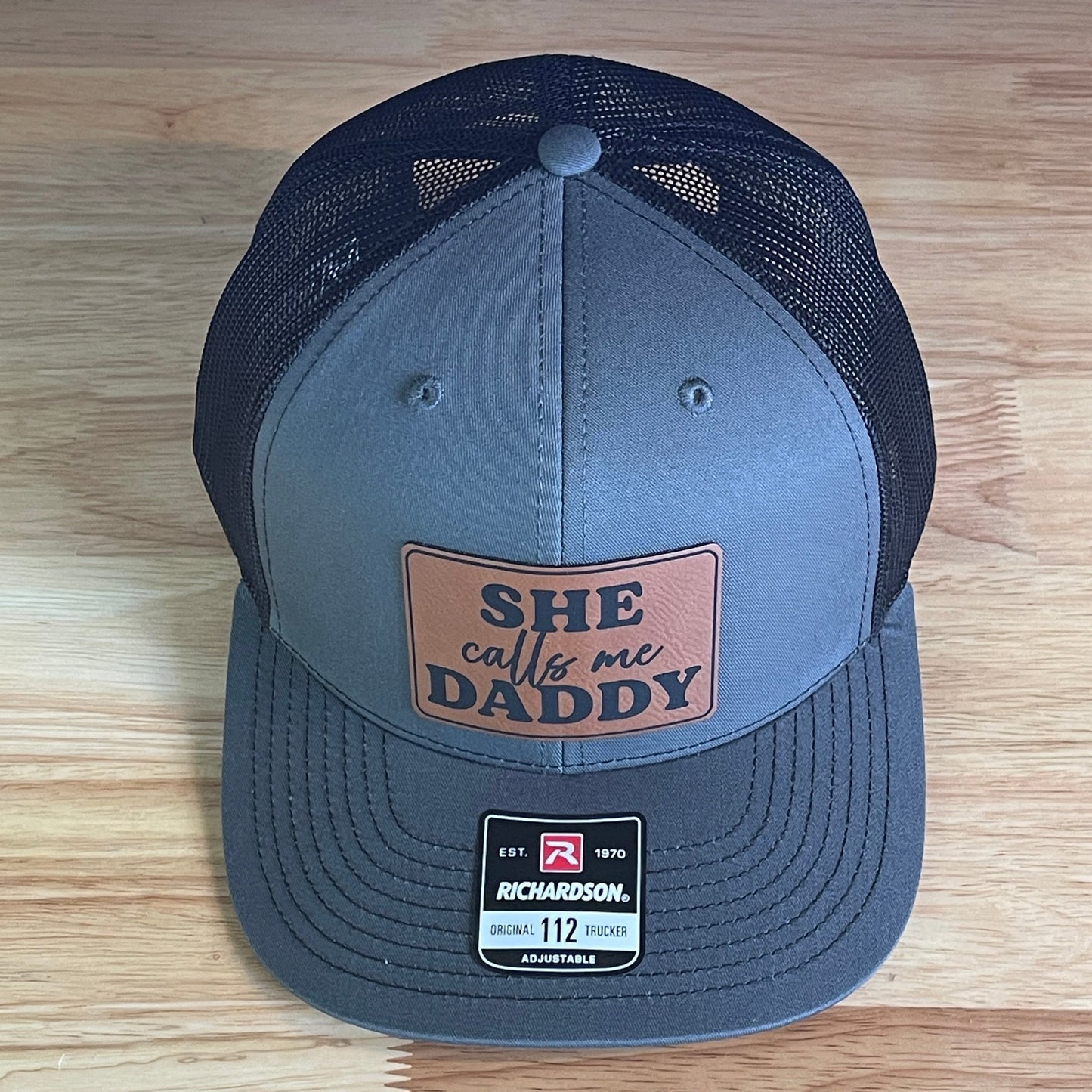 She Calls Me Daddy Funny Leather Patch Hat Charcoal/Black - Hollow Point Society - Patch Hat