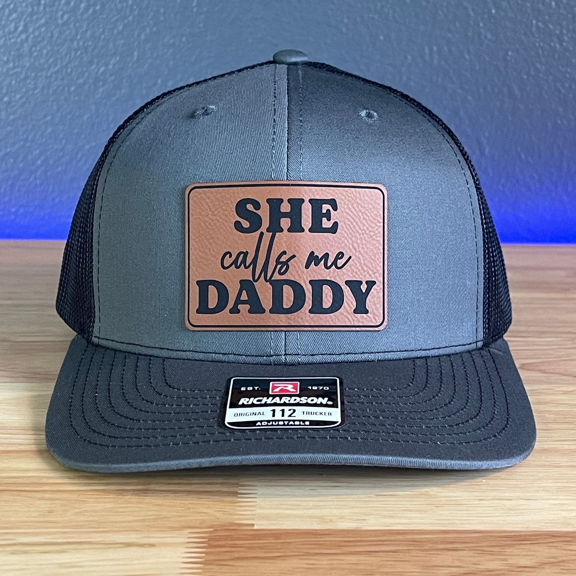 She Calls Me Daddy Funny Leather Patch Hat Charcoal/Black - Hollow Point Society - Patch Hat