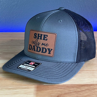 She Calls Me Daddy Funny Leather Patch Hat Charcoal/Black - Hollow Point Society - Patch Hat