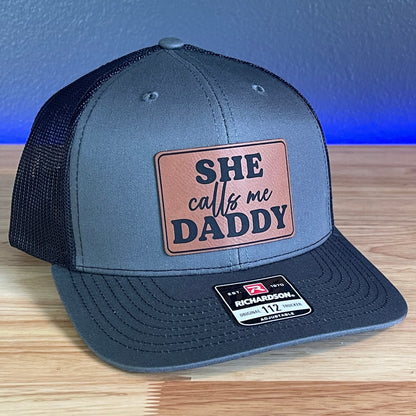 She Calls Me Daddy Funny Leather Patch Hat Charcoal/Black - Hollow Point Society - Patch Hat