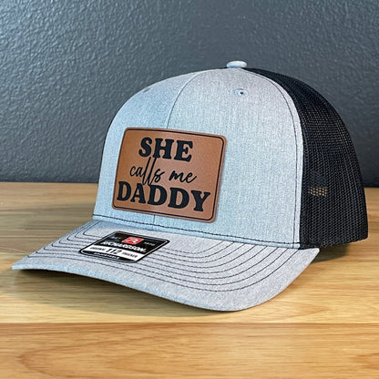 She Calls Me Daddy Funny Leather Patch Hat Heather Grey/Black - Hollow Point Society - Patch Hat