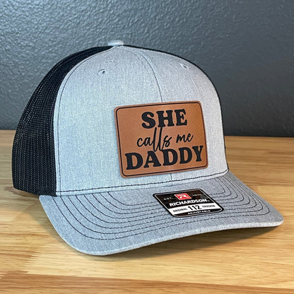 She Calls Me Daddy Funny Leather Patch Hat Heather Grey/Black - Hollow Point Society - Patch Hat