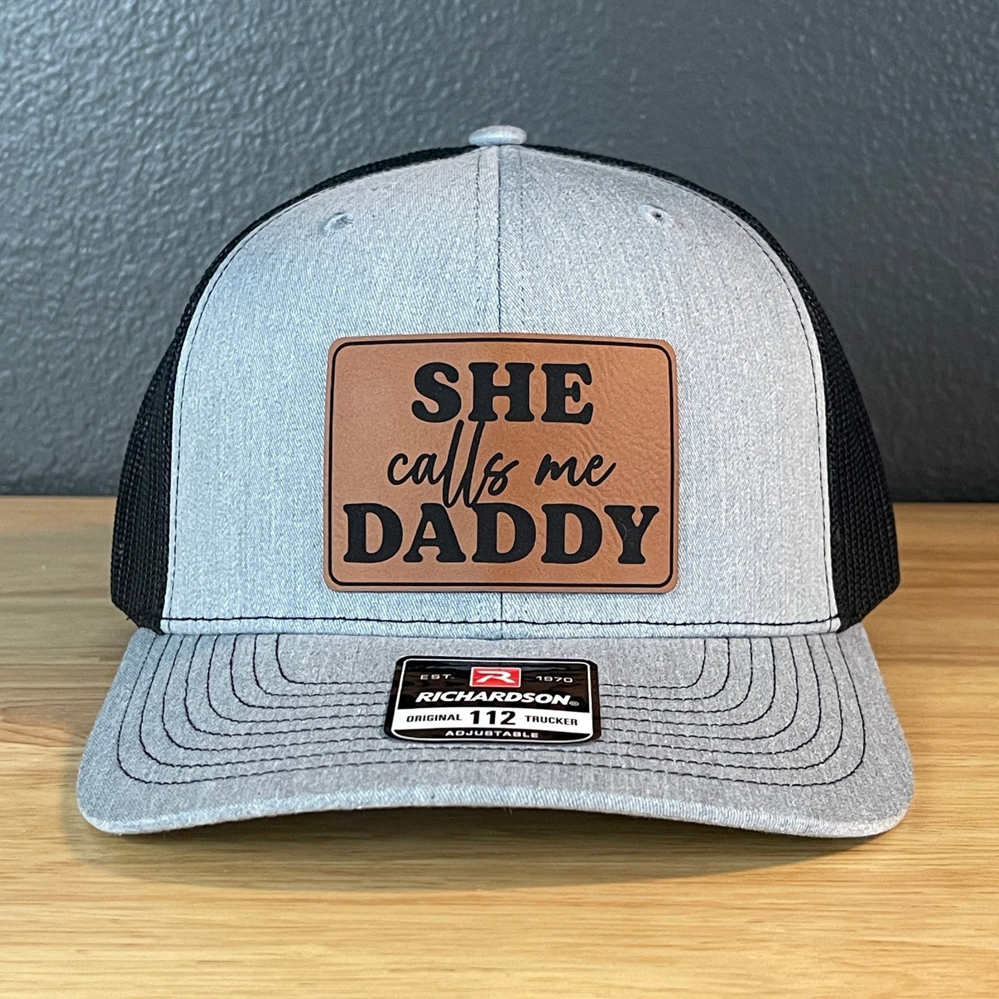 She Calls Me Daddy Funny Leather Patch Hat Heather Grey/Black - Hollow Point Society - Patch Hat