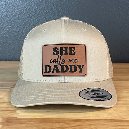 She Calls Me Daddy Funny Leather Patch Hat Khaki - Hollow Point Society - Patch Hat