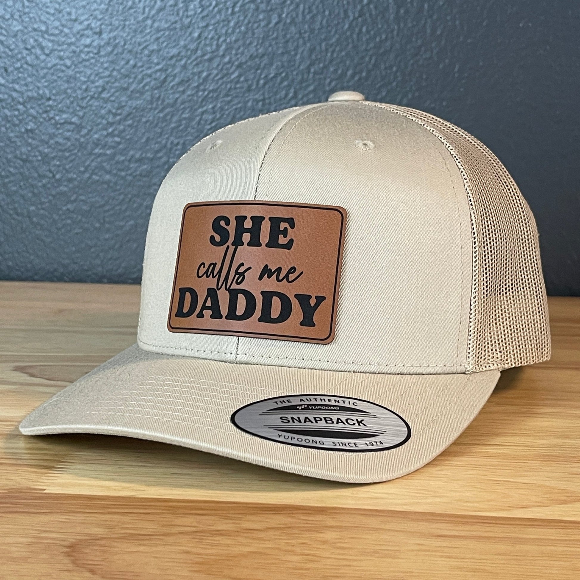 She Calls Me Daddy Funny Leather Patch Hat Khaki - Hollow Point Society - Patch Hat