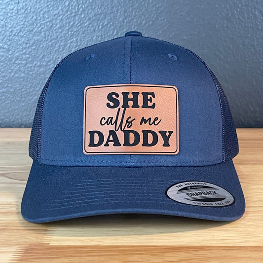 She Calls Me Daddy Funny Leather Patch Hat Navy Blue - Hollow Point Society - Patch Hat