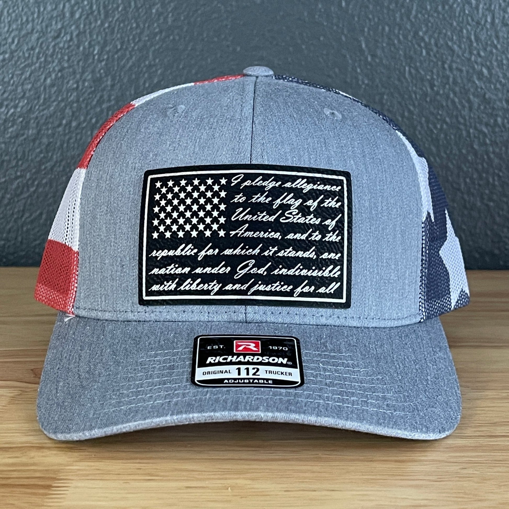 The Pledge of Allegiance American Flag Blk/Silv Leather Patch SnapBack Trucker Hat Stars & Stripes - Hollow Point Society - Patch Hat