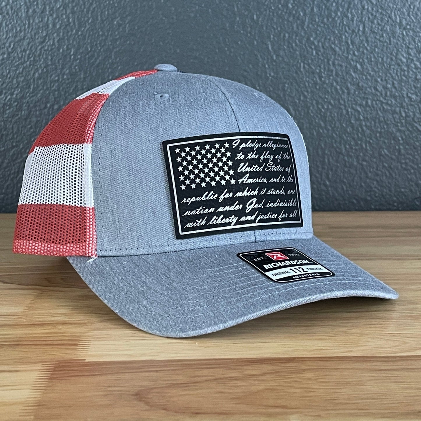 The Pledge of Allegiance American Flag Blk/Silv Leather Patch SnapBack Trucker Hat Stars & Stripes - Hollow Point Society - Patch Hat