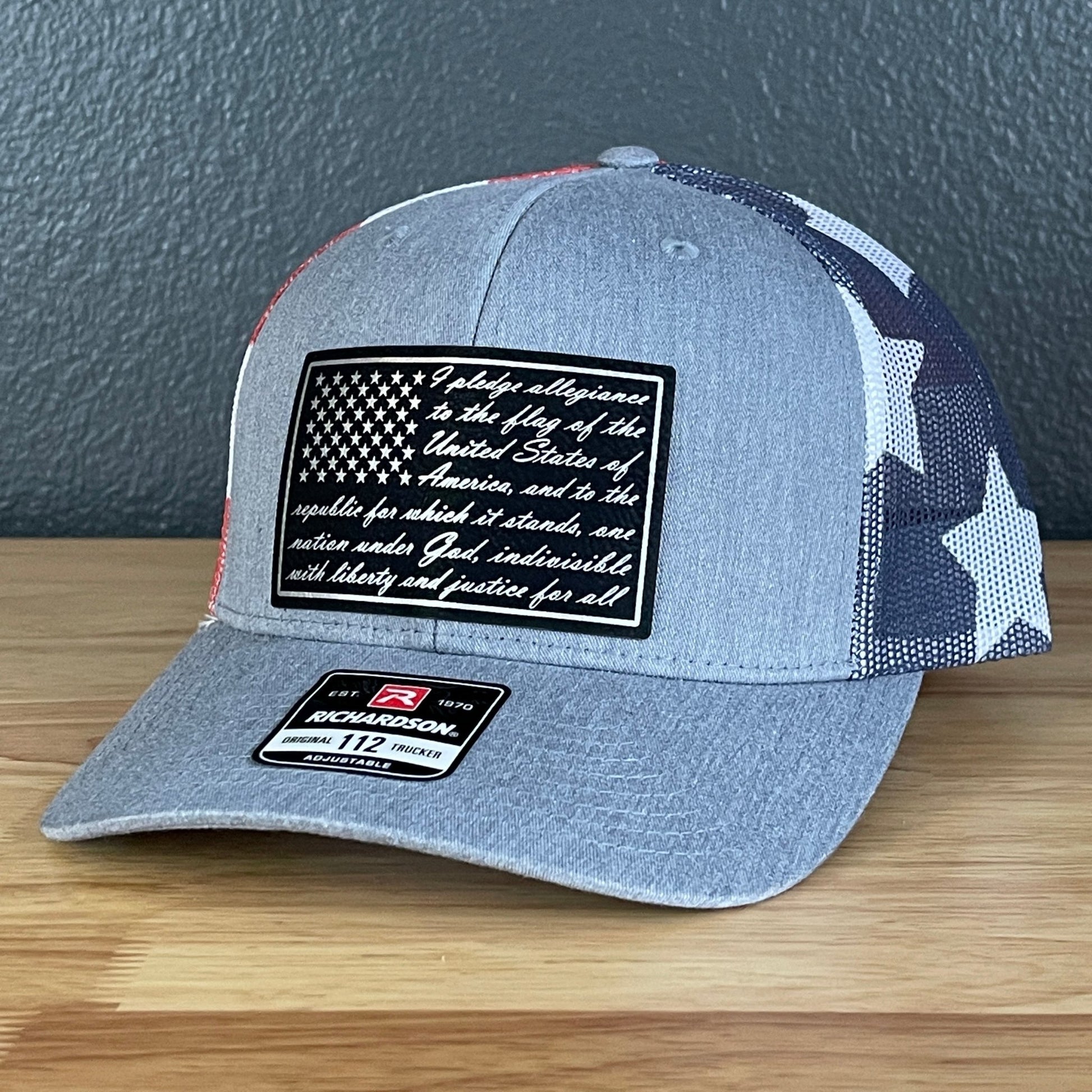 The Pledge of Allegiance American Flag Blk/Silv Leather Patch SnapBack Trucker Hat Stars & Stripes - Hollow Point Society - Patch Hat