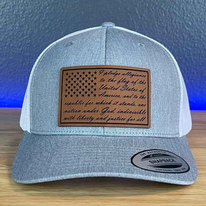 The Pledge Of Allegiance American Flag Patriotic Leather Patch Richardson Original 112 - or - Yupoong Classics 6606 SnapBack Trucker Hat Heather Grey/White - Hollow Point Society - Patch Hat