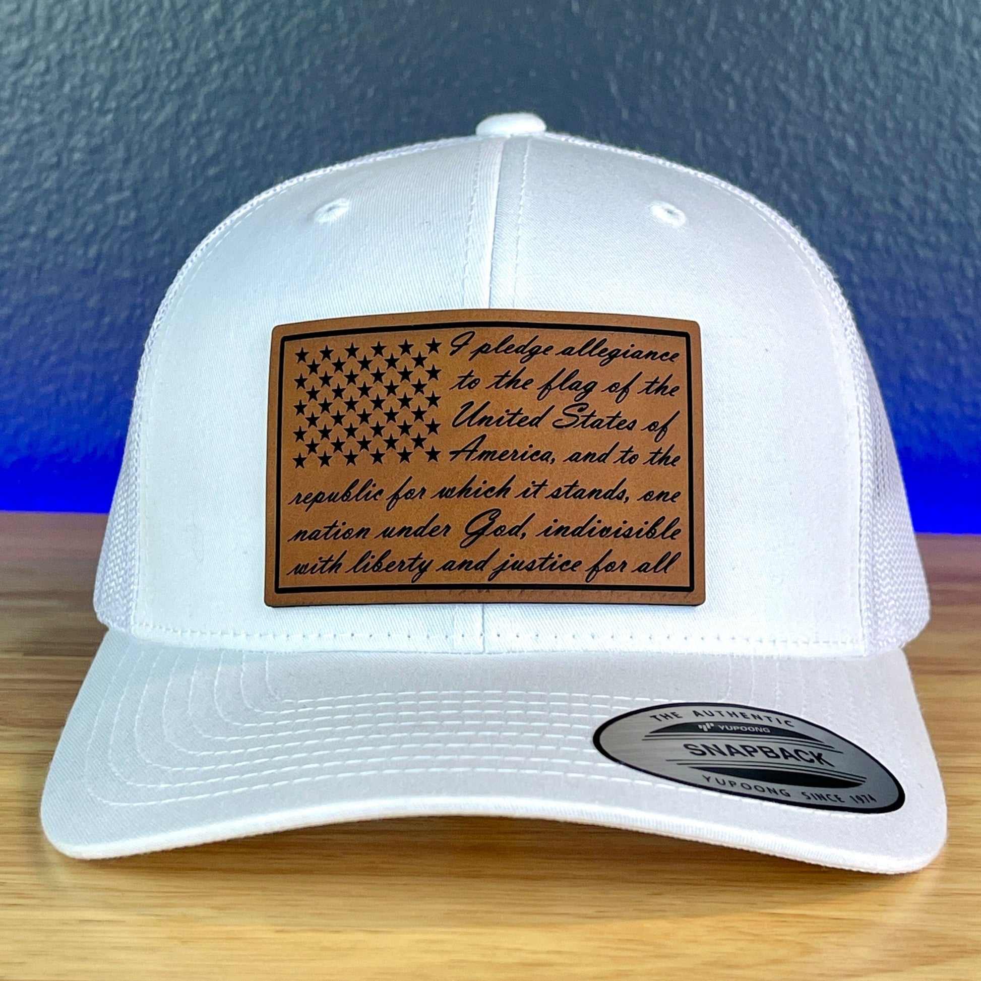 The Pledge Of Allegiance American Flag Patriotic Leather Patch Richardson Original 112 - or - Yupoong Classics 6606 SnapBack Trucker Hat White - Hollow Point Society - Patch Hat