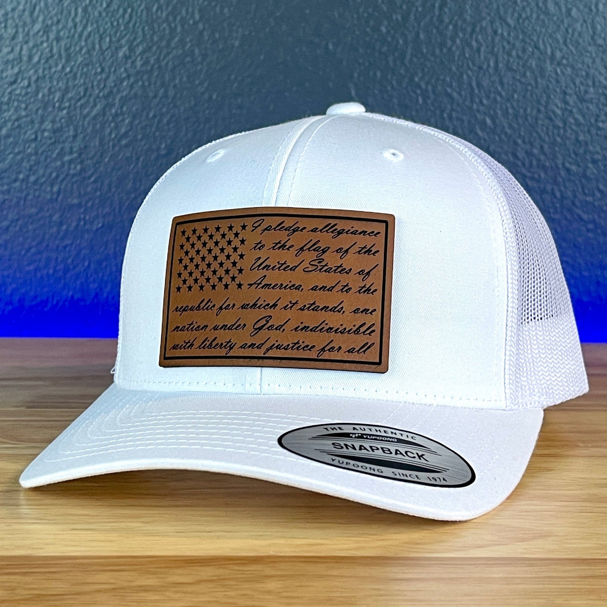 The Pledge Of Allegiance American Flag Patriotic Leather Patch Richardson Original 112 - or - Yupoong Classics 6606 SnapBack Trucker Hat White - Hollow Point Society - Patch Hat