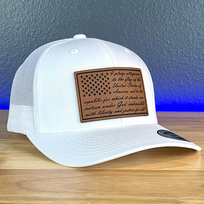 The Pledge Of Allegiance American Flag Patriotic Leather Patch Richardson Original 112 - or - Yupoong Classics 6606 SnapBack Trucker Hat White - Hollow Point Society - Patch Hat