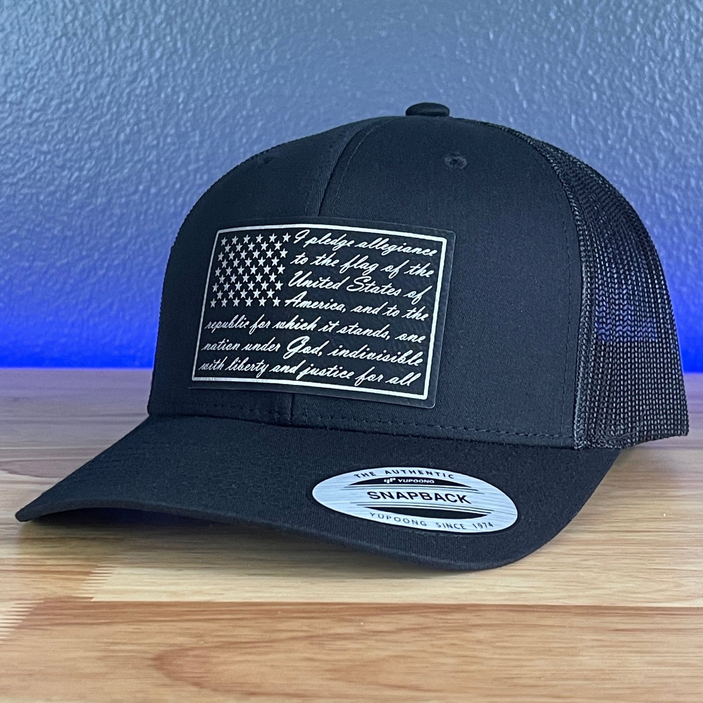 The Pledge of Allegiance American Flag Patriotic SnapBack Leather Patch Trucker Hat Black/Silver - Hollow Point Society - Patch Hat