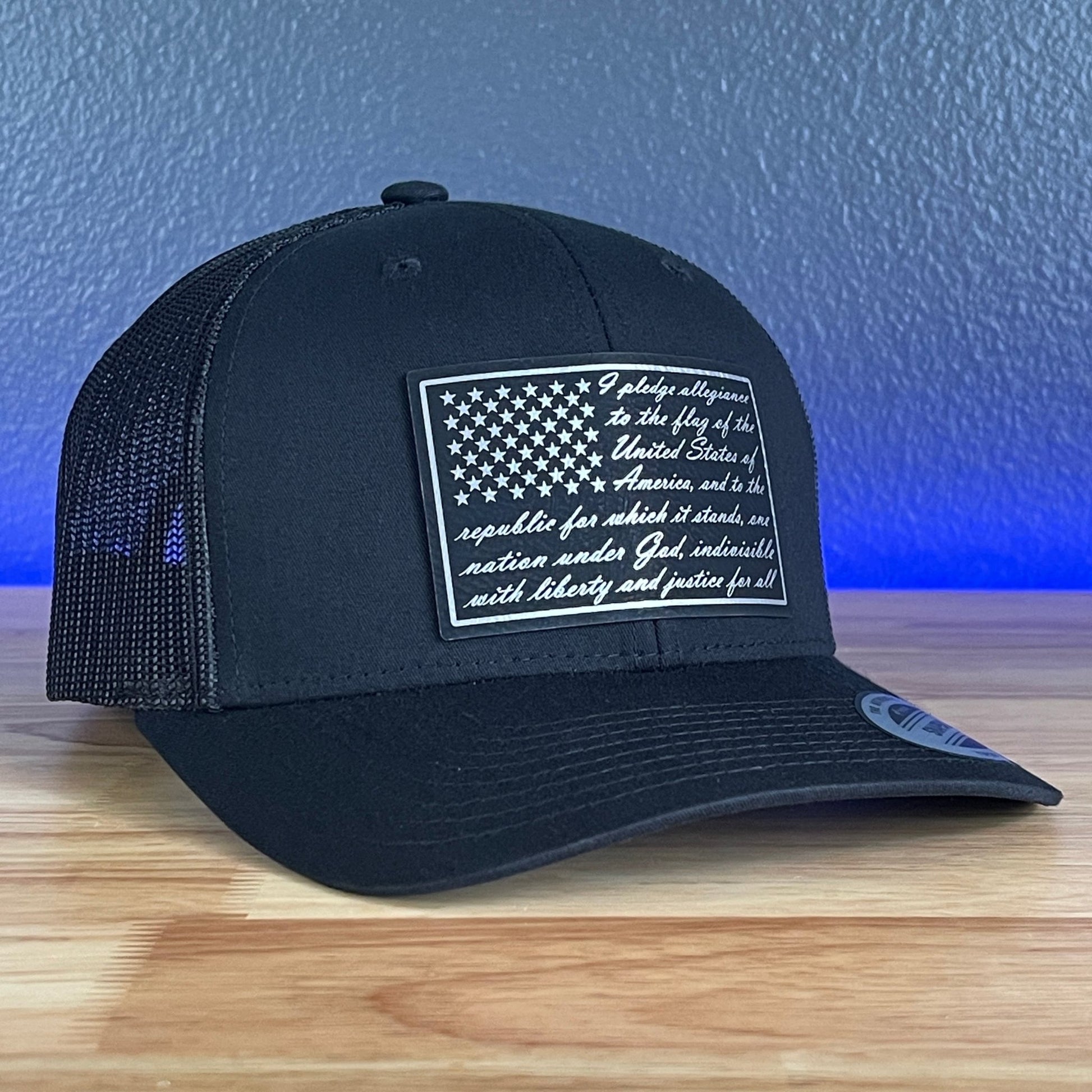 The Pledge of Allegiance American Flag Patriotic SnapBack Leather Patch Trucker Hat Black/Silver - Hollow Point Society - Patch Hat