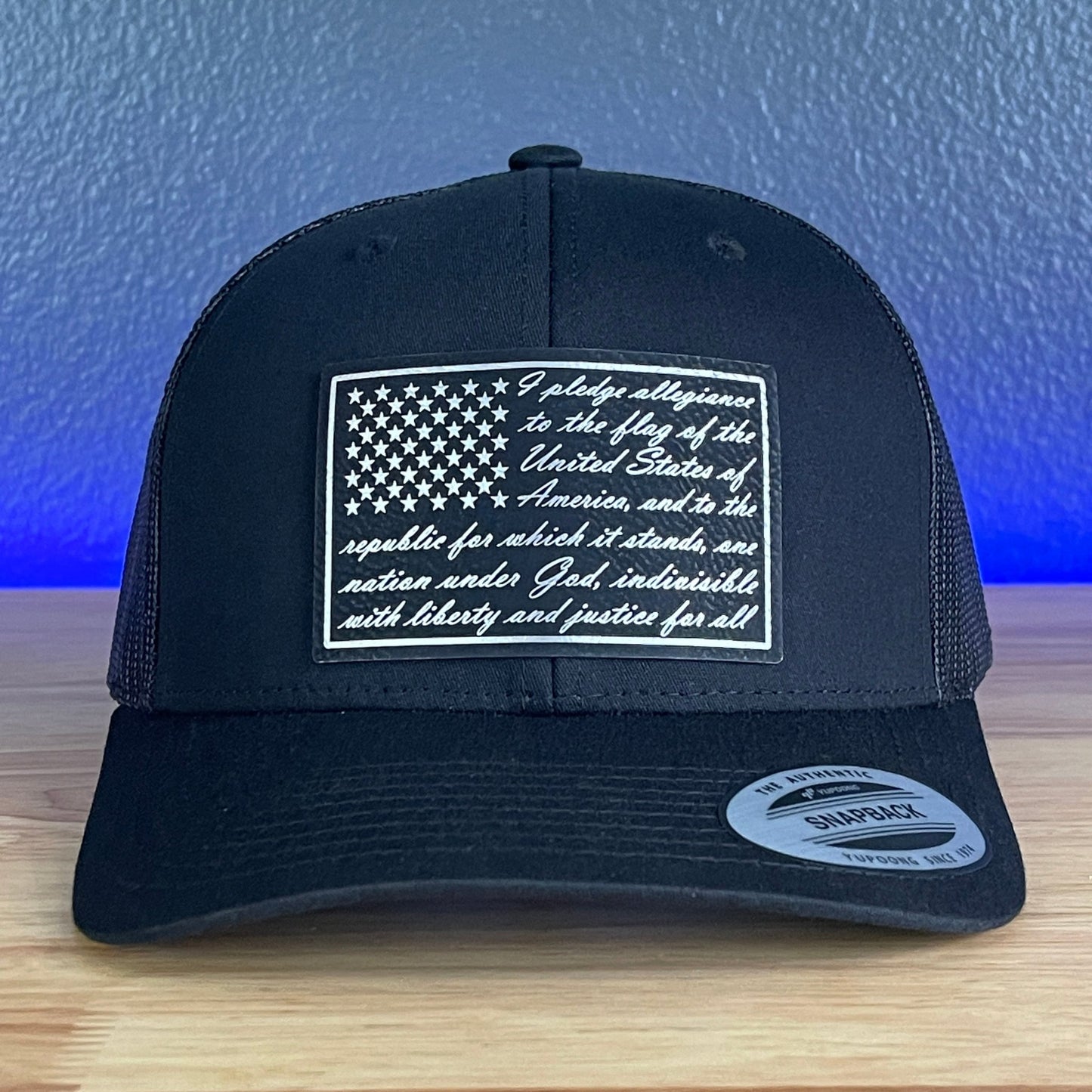 The Pledge of Allegiance American Flag Patriotic SnapBack Leather Patch Trucker Hat Black/Silver - Hollow Point Society - Patch Hat