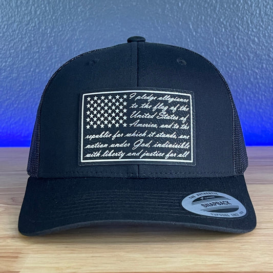 The Pledge of Allegiance American Flag Patriotic SnapBack Leather Patch Trucker Hat Black/Silver - Hollow Point Society - Patch Hat