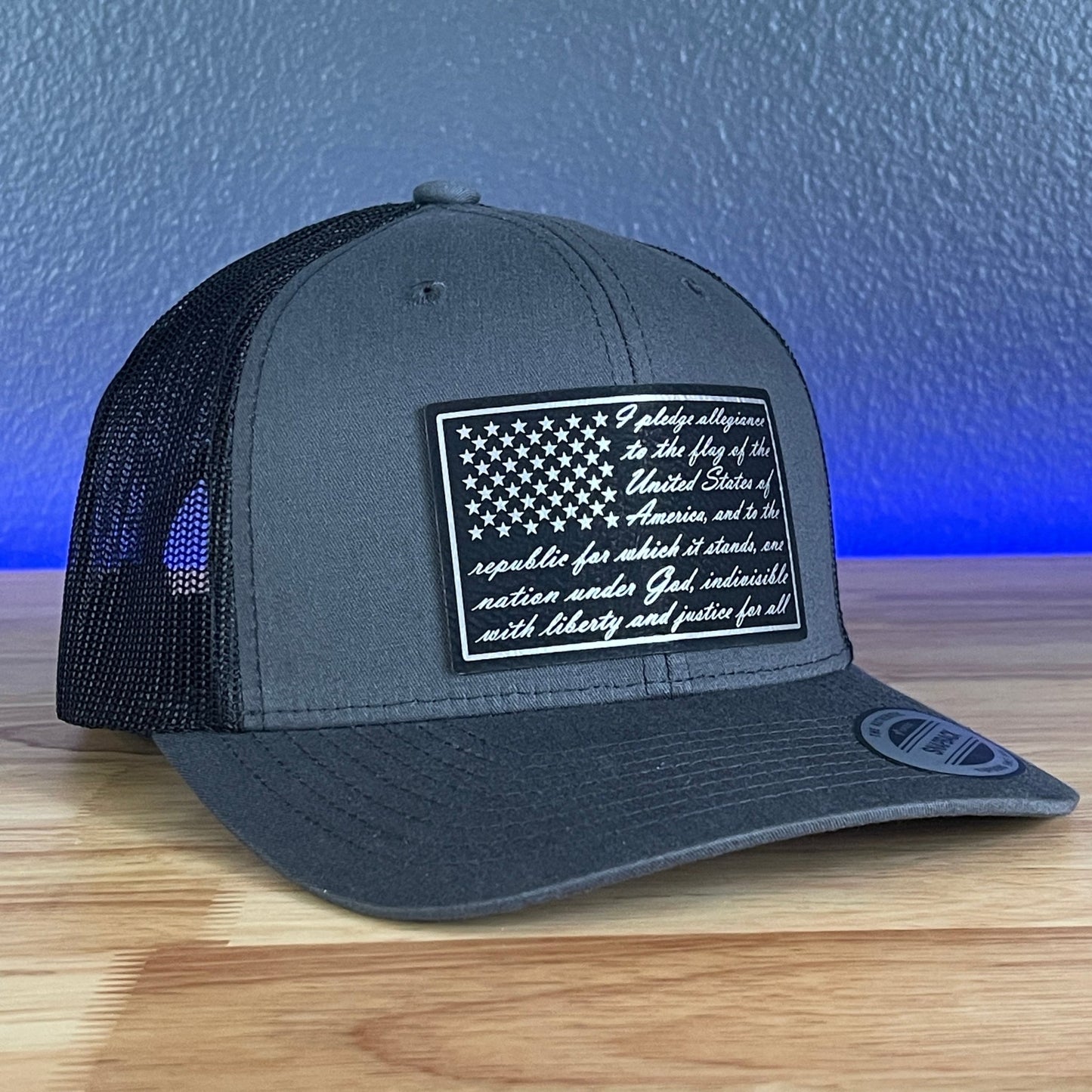 The Pledge Of Allegiance American Flag Patriotic SnapBack Trucker BLK/SILV Leather Patch Hat Charcoal - Hollow Point Society - Patch Hat