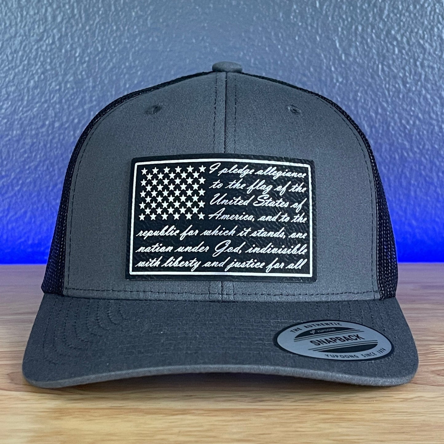 The Pledge Of Allegiance American Flag Patriotic SnapBack Trucker BLK/SILV Leather Patch Hat Charcoal - Hollow Point Society - Patch Hat